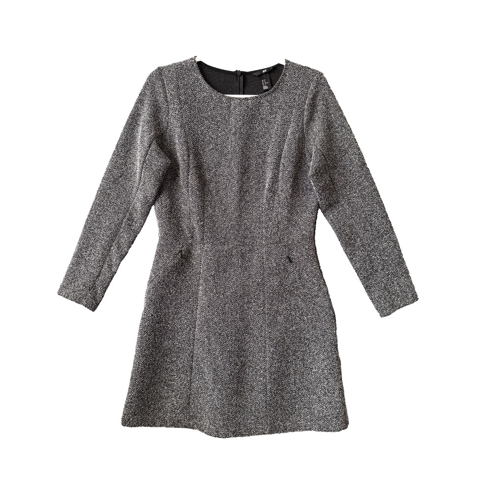 H&M Dark Academia Tweed Long Sleeve Fitted Dress 12 Pockets Corporate Chic Mod
